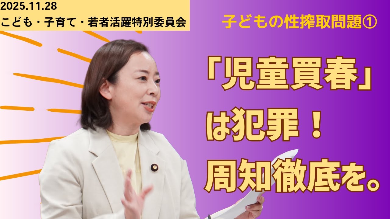 児童買春は犯罪！周知徹底を。　11月28日こども子育て若者活躍特別委員会
