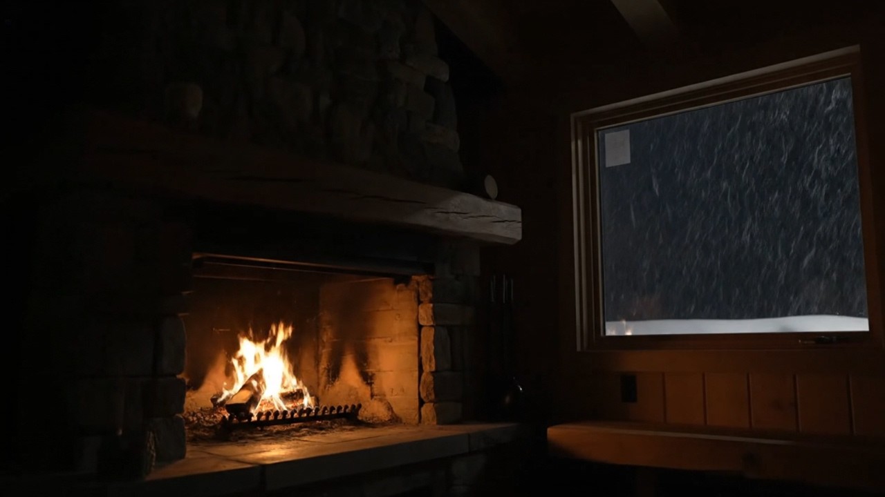 Midnight Snowstorm in a Mountain Chalet 🔥 Crackling Fireplace & Wind Sounds for Deep Sleep