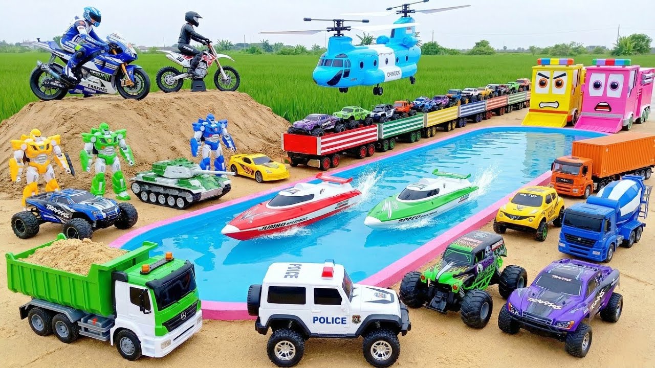 Amazing‼️Long monster truck dismantle toy cars & assemble wrecked trucks | police cars, mixer trucks