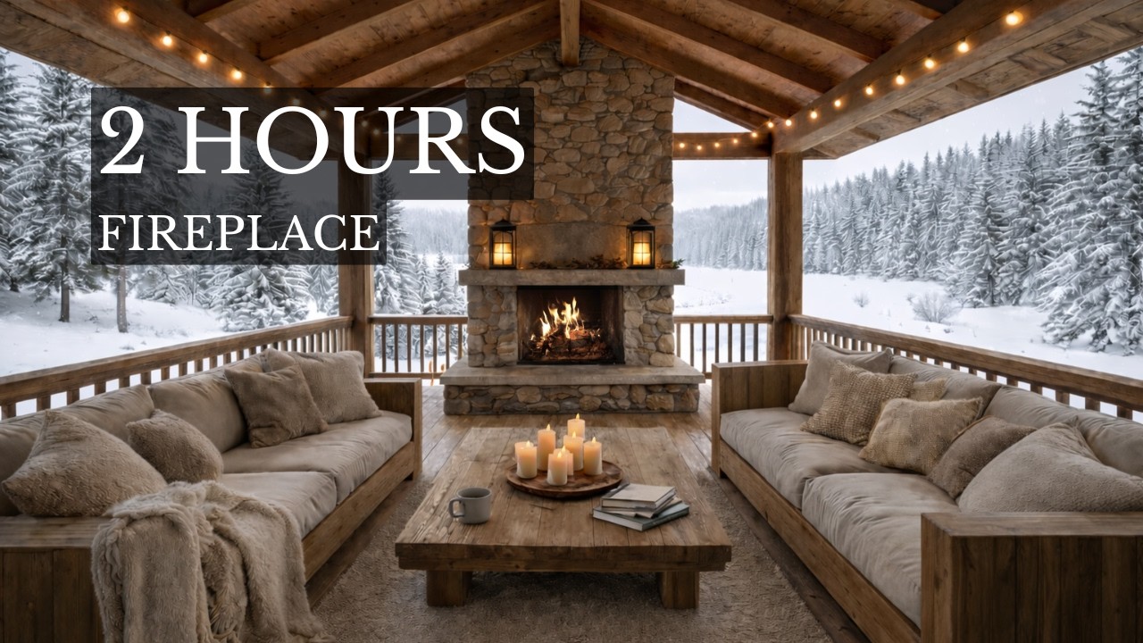 Cozy Porch Fireplace by a Winter Forest (2 Hours) | Relaxing Ambience for Sleep & Focus