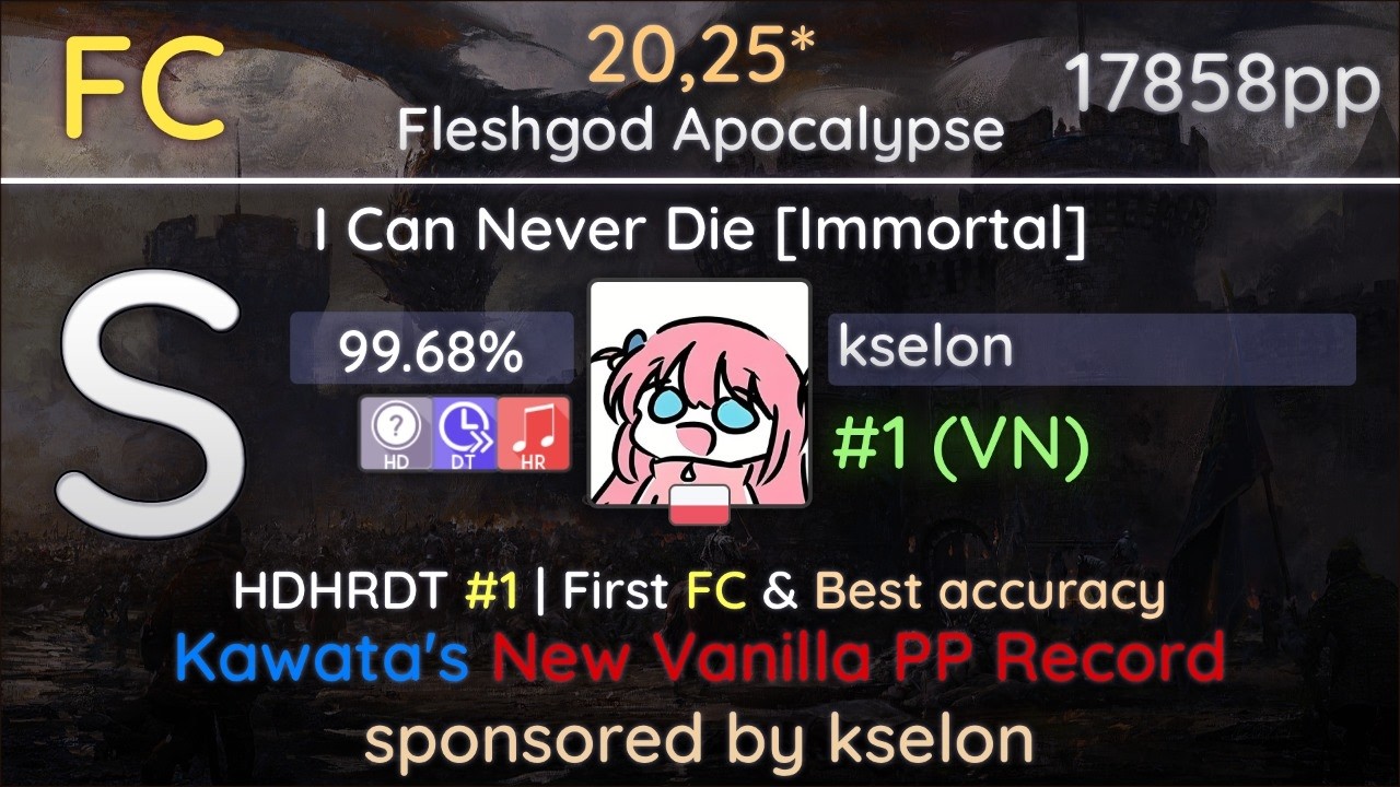 kselon | Fleshgod Apocalypse - I Can Never Die [Immortal] +HDHR(DT) 99.68% | #1 17858pp |