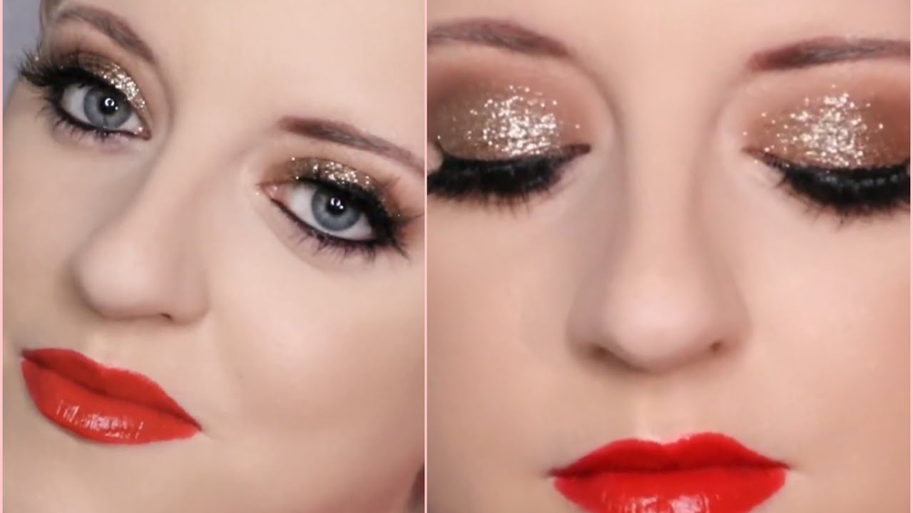 ✨Gold glitter Eye Red Lip 💋Christmas makeup| @LouiseMcvey