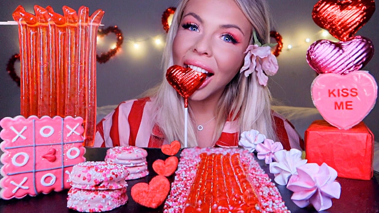 ASMR JELLY NOODLES, CHOCOLATE COVERED OREOS, KISS ME LOLLIPOP, HEARTS, MERINGUE COOKIES MUKBANG 먹방