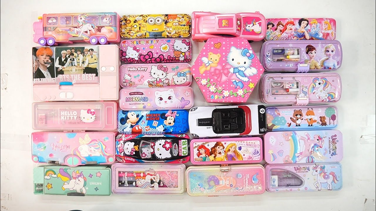 cute unicorn stationery collection ❤️ geometry, hello kitty, pencil box, sharpener, eraser, pouch 