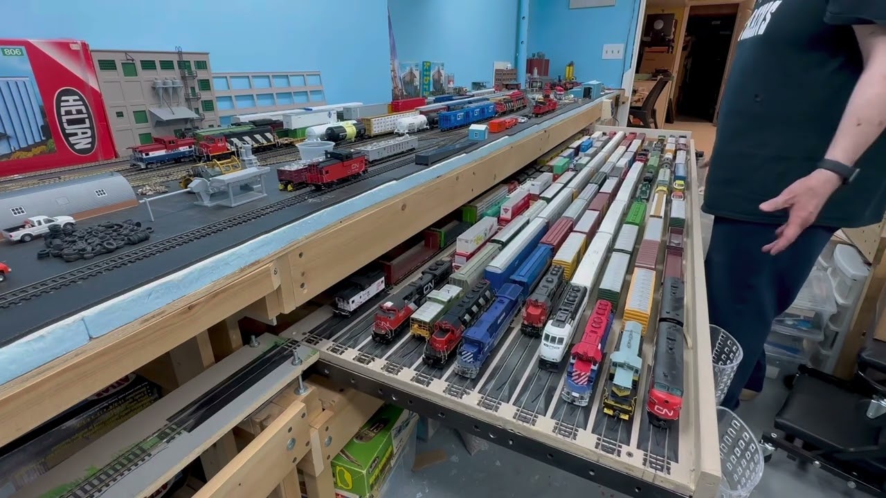 Staging yard traverser tray on my &ldquo;Sasquatch Landing&rdquo; model train layout