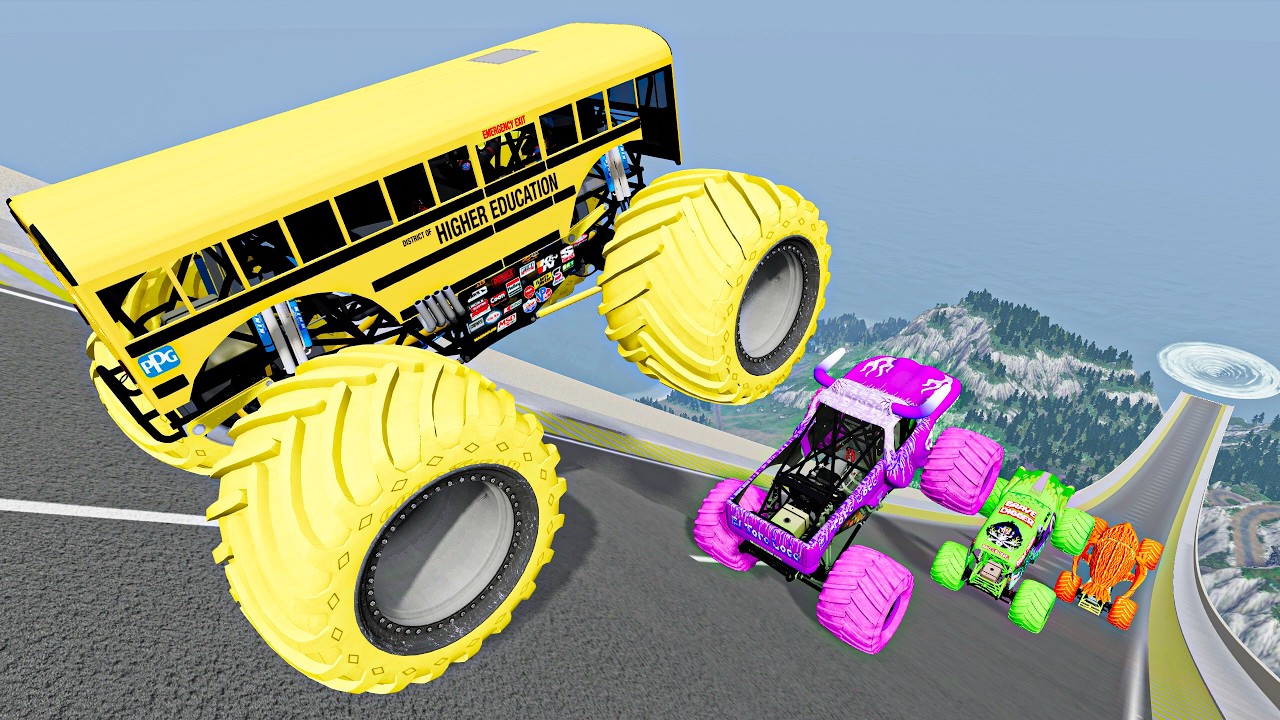 Color Monster Trucks Huge Wheels Crashes and Saves | New Monster Truck Mods