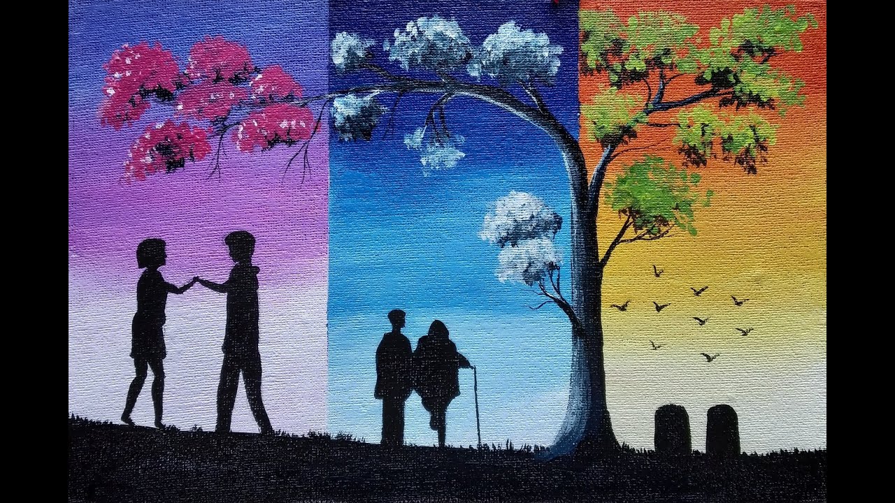 Three Seasons Scenery Painting of Couple using Poster Color Painting | Couple under Tree Painting