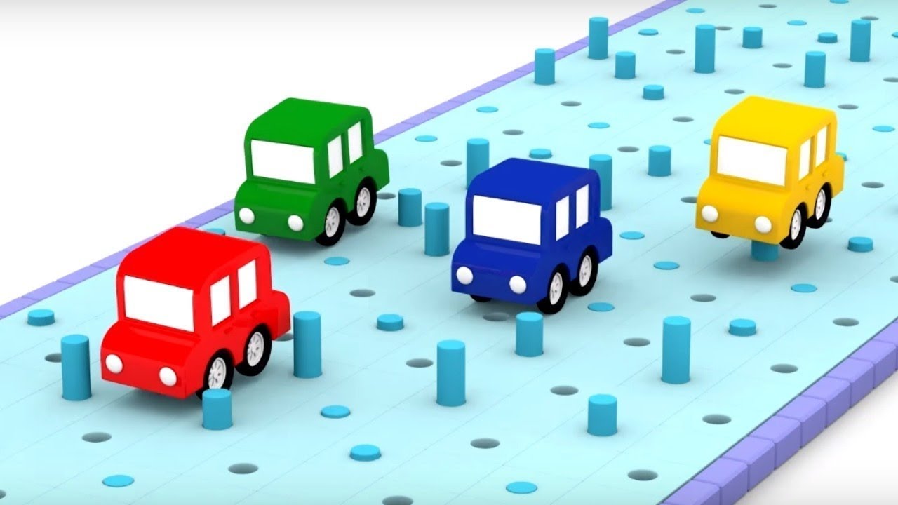 Uma corrida com obstáculos. 4 carros coloridos. Animação infantil