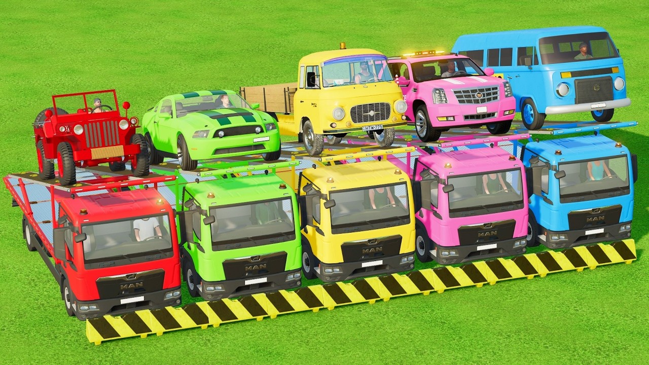 Garage with Colors - DOUBLE FLATBED TRAILER TRUCK, POLICE, EXCAVATOR, VOLVO, MIXER TRUCK - PART 1