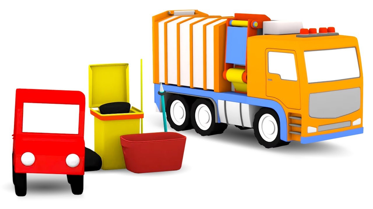 O caminhão de lixo ajuda os 4 carros coloridos. Desenhos animados em português. Novo desenho animado