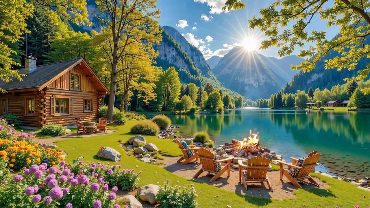 Spring Nature Ambience 🌸🔥 Lakeside Campfire, Birds & Water Sounds for Relaxation