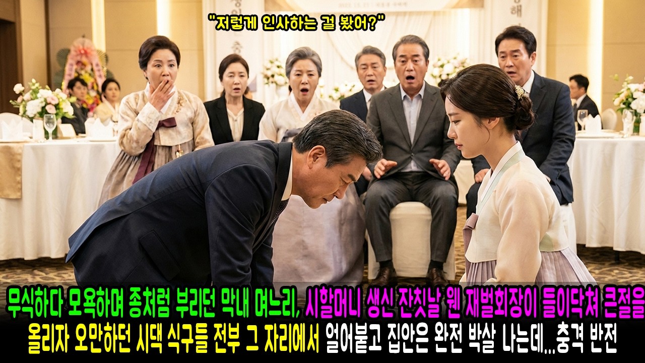 무식하다 모욕하며 종처럼 부리던 막내 며느리, 시할머니 생신 잔칫날 웬 재벌회장이 들이닥쳐 큰절을 올리자 오만하던 시댁 식구들 전부 그 자리에서 얼어붙고 집안은 완전 박살 나는데