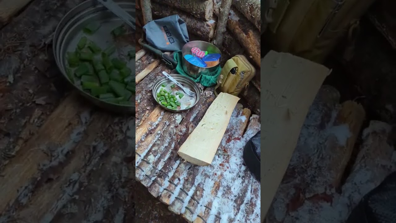 Winter Bushcraft Survival Shelter.  A peak inside. #winter #camping #bushcraft #survival #shelter