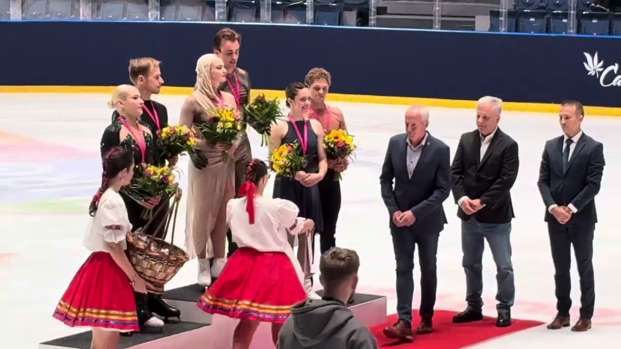 2025 Ondrej Nepela Memorial ice dance medal ceremony: Smart/Dieck, Taschlers, Green/Parsons