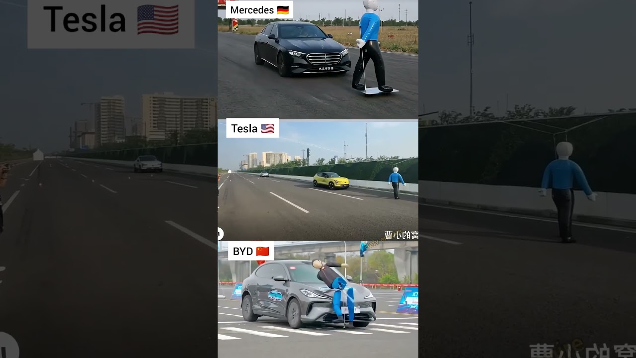 Mercedes vs Tesla vs BYD: Emergency Braking Test#shorts