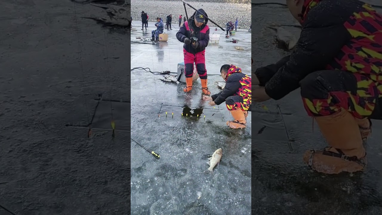 Ice Fishing with Hook to Catch Fish in Frozen Lake