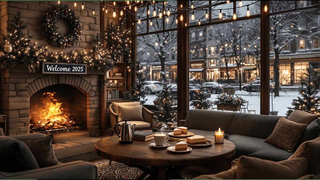 Przytulna zimowa atmosfera kawiarni ☕🧣❄️Relaksujący jazz i trzaskający kominek 4K do relaksu, nauki,