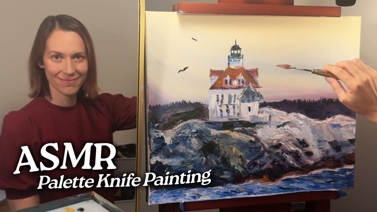 ASMR Palette Knife Painting: Lighthouse at Sunset (No Talking)
