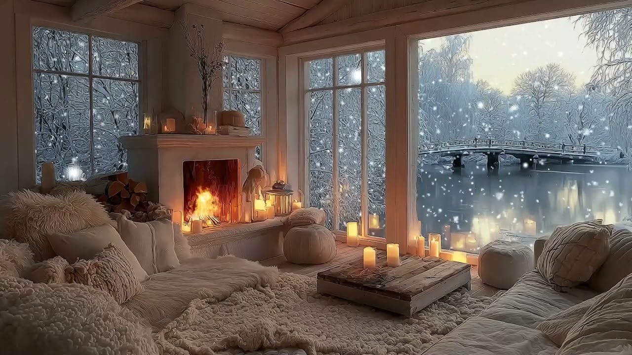 Winter Piano Lounge ❄️ Cozy Fireplace 🔥 & Soft Candlelight 🕯️ | Perfect for Sleep & Relaxation