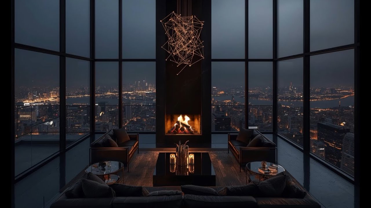 Luxury City Nights | Cozy Fireplace Ambience & Stunning Skyline View (HD)