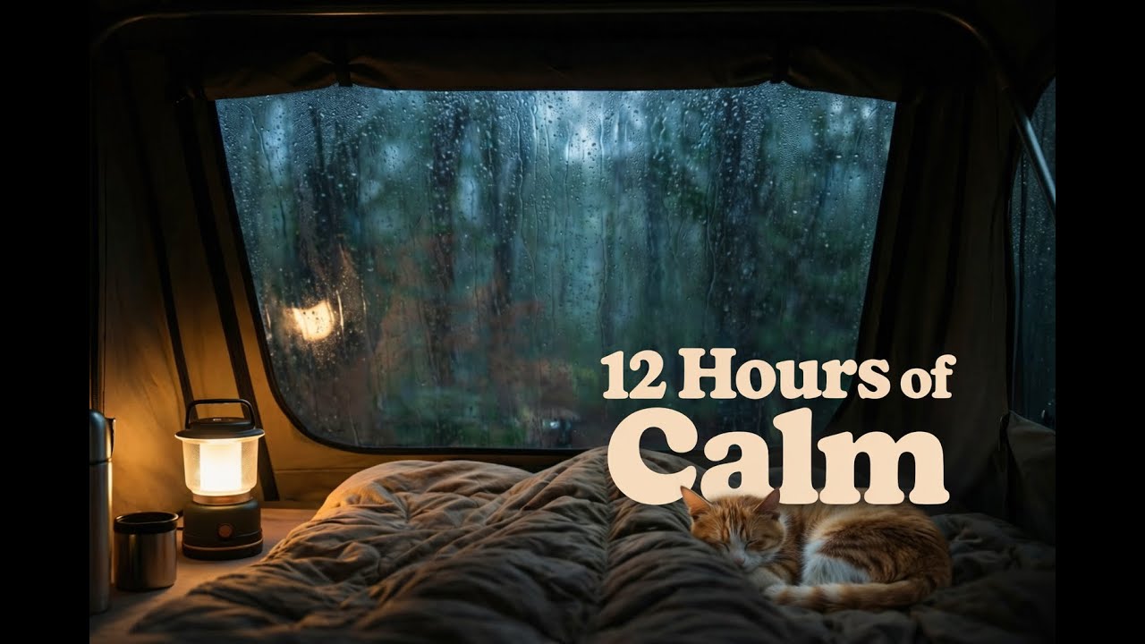 Rain on Tent & Sleeping Cat Purrs for Relaxation | 12 Hours