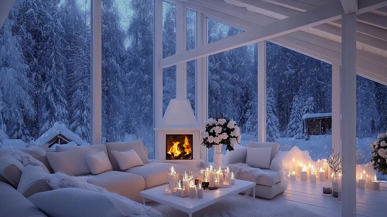 🔥❄️ Winter Piano & Fireplace | Snow Outside White Room | Study Work Meditation Stress Relief