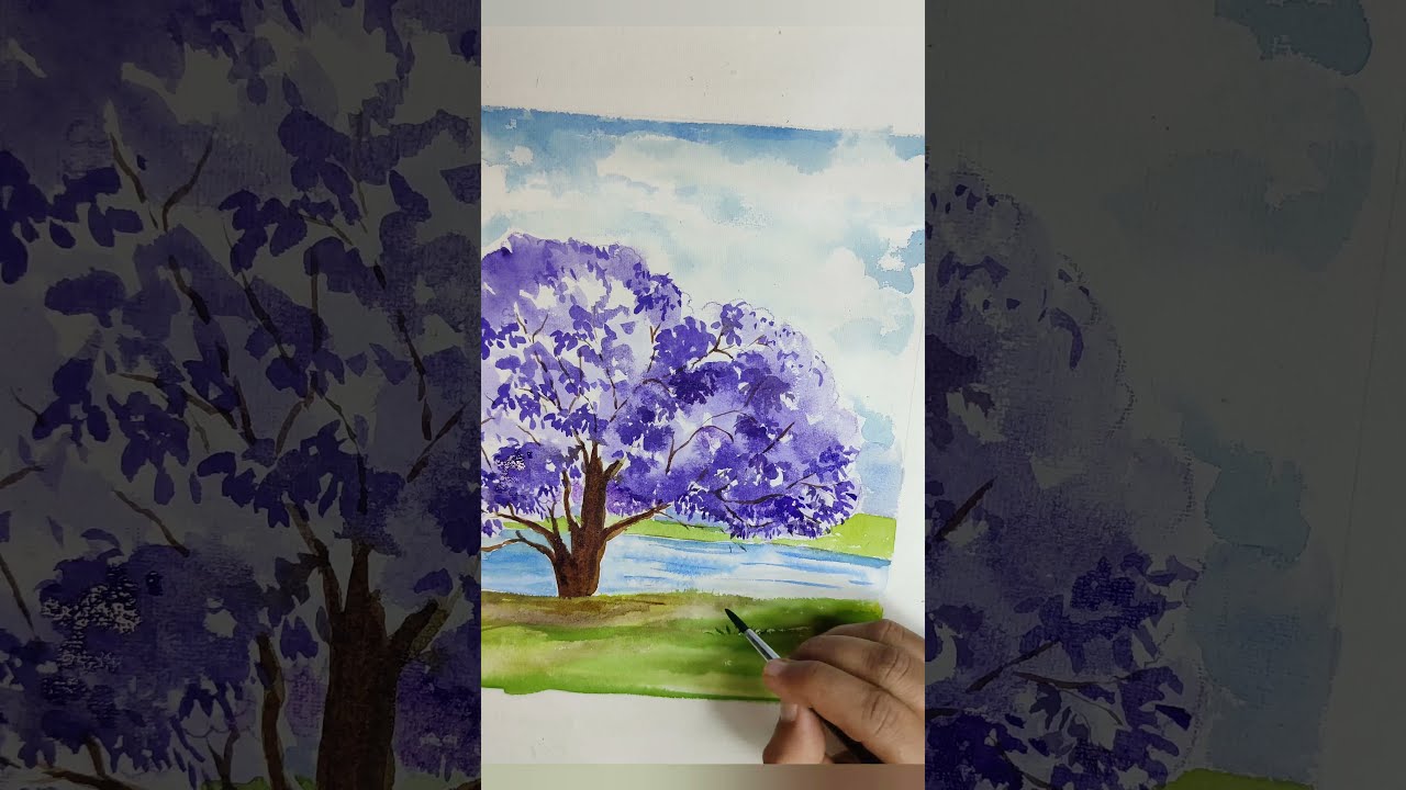 1Minute Painting. How to Paint Jacaranda Tree in Watercolor step by step #1minutepainting #Kacaranda