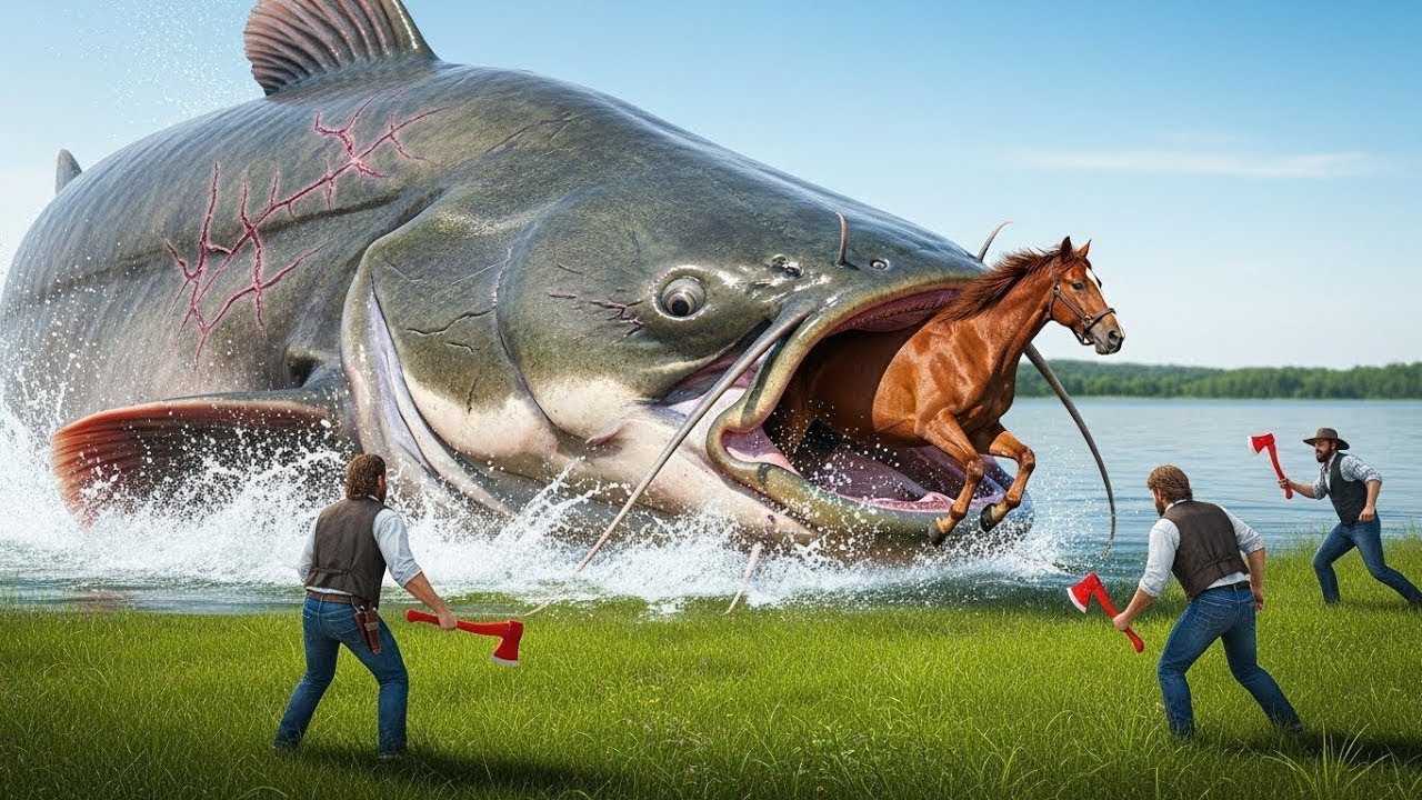 Героическая спасательная команда спасла беспомощную лошадь от прожорливого гигантского сома 🐴🐟