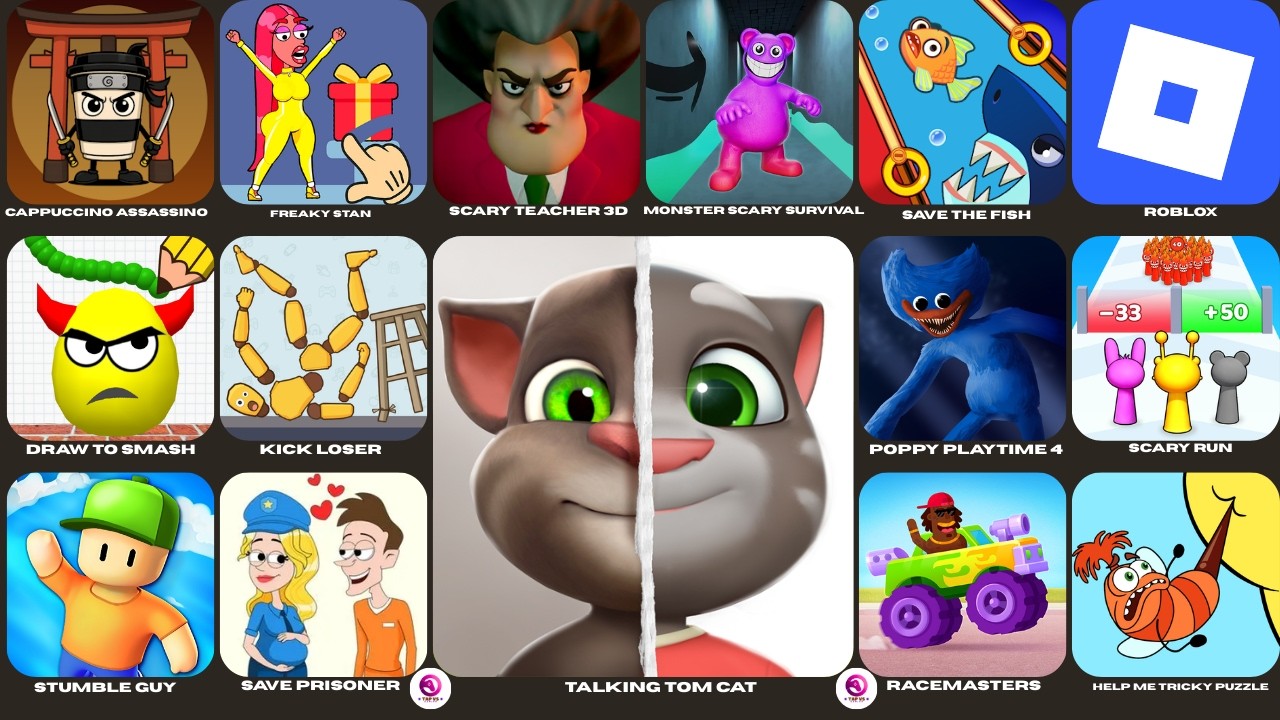 Talking Tom Cat, Grimace Monster Scary Survival, Poppy Playtime 4, Cappuccino Assassino,Roblox