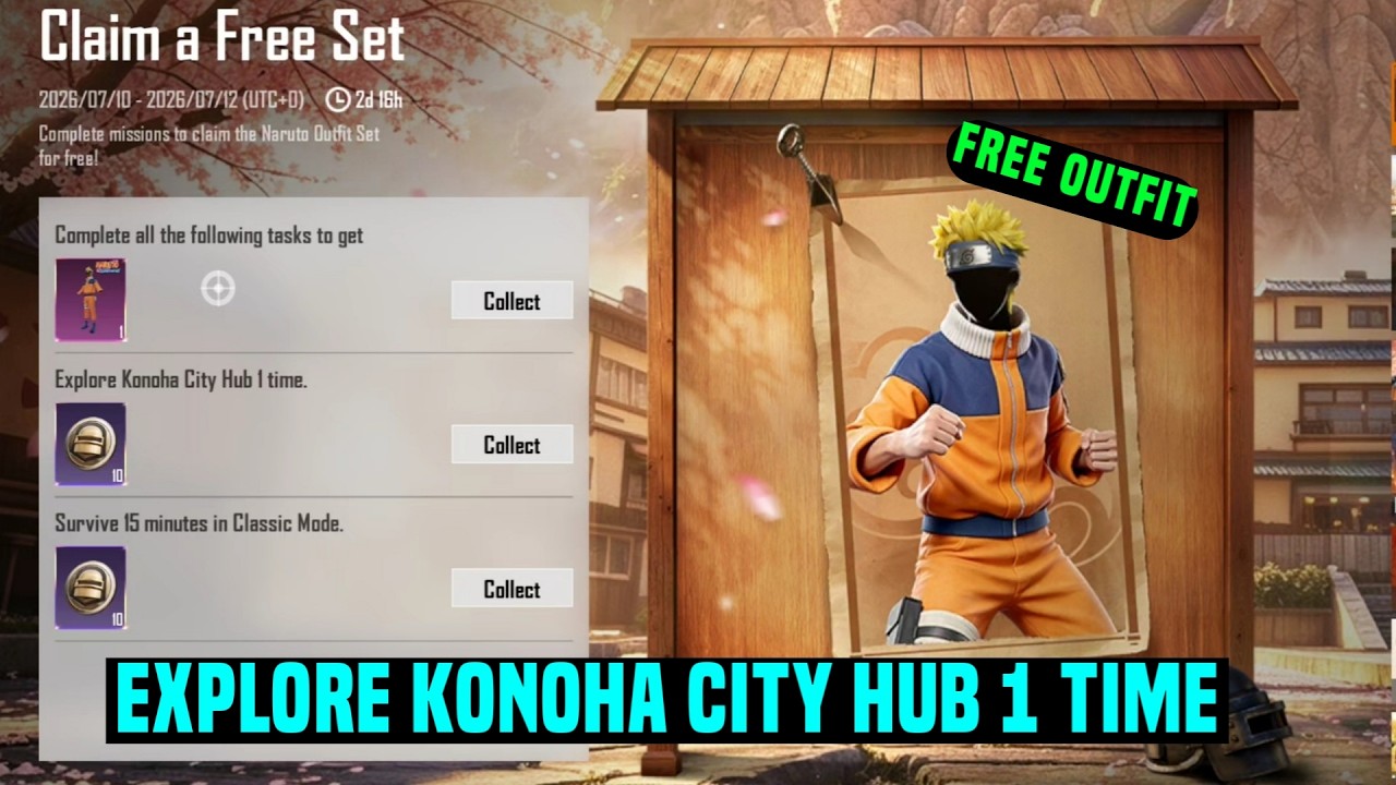 EXPLORE KONOHA CITY HUB 1 TIME / FREE NARUTO SET IN PUBG / COMPLETE ALL THE FOLLOWING TASKS TO GET