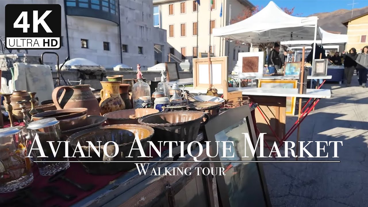 4K Walking tour in the Aviano antiques market 