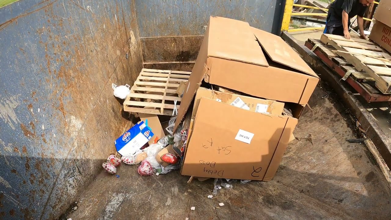 Compactor vs cardboard with toys and random garbage