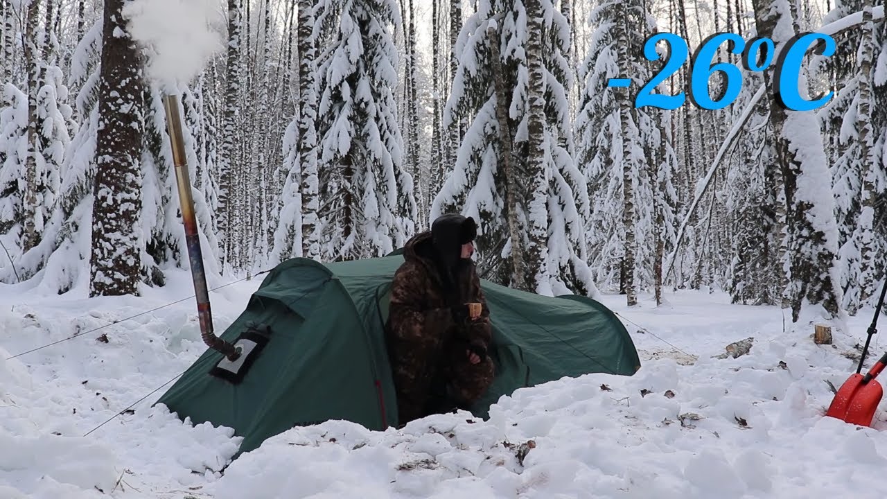 Морозы не отступают| экстремальная ночевка в горячей палатке в -26°C
