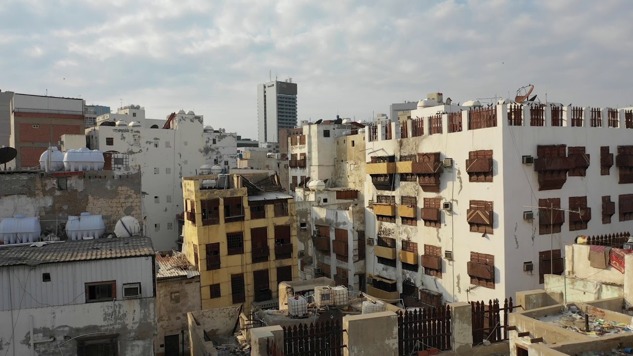 4K Aerial view of old houses with mashrabiyas in al-Balad, Jeddah, Saudi Arabia