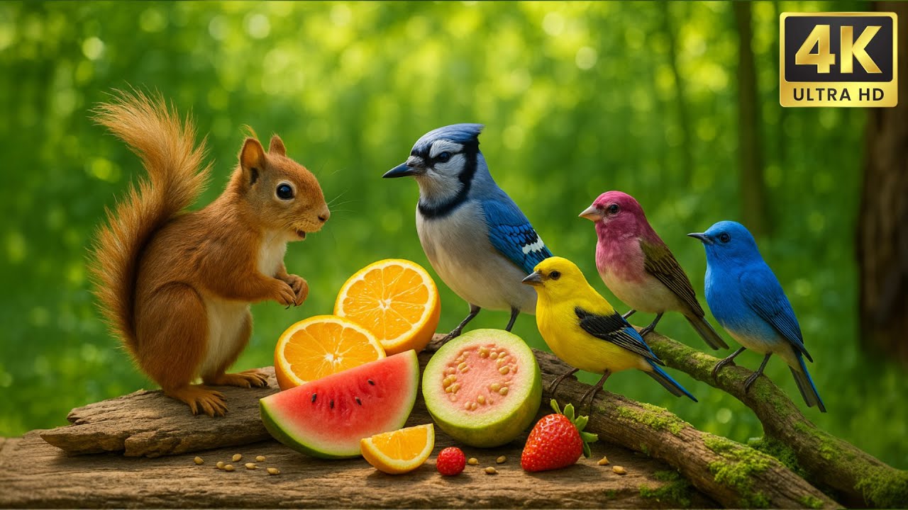 Cat TV for Cats To Watch 🐱 | Colorful Birds & Squirrel Fruit Feast 4K