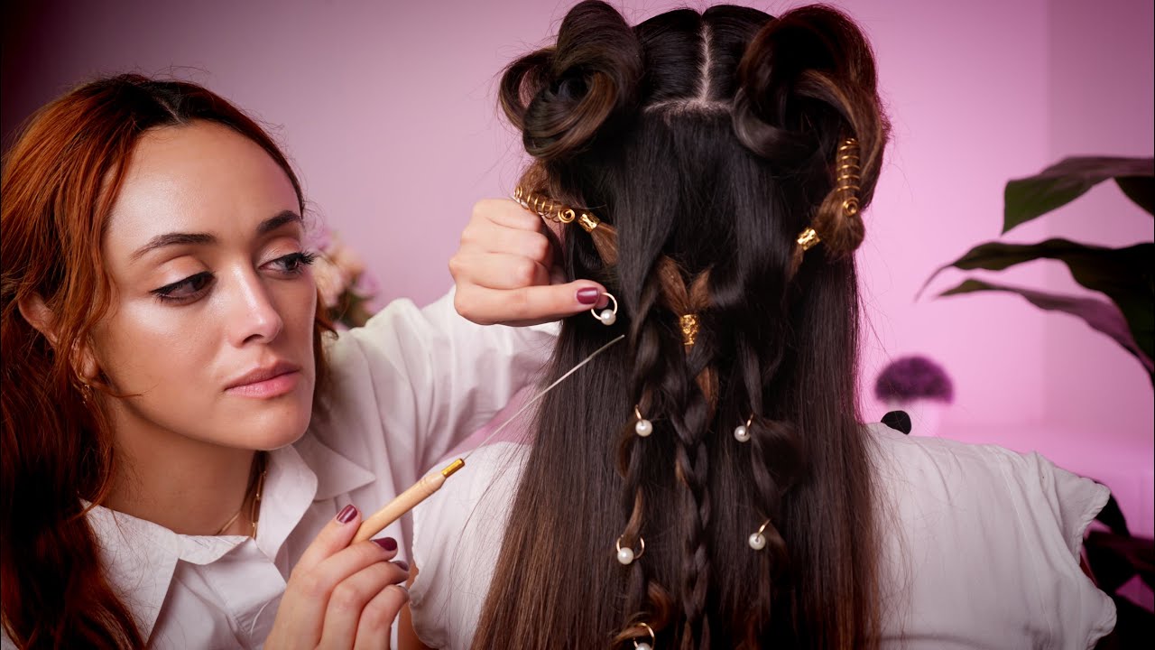 ASMR Perfectionist Rose Ponytails & Braids Hairstyling | Brushing, Parting, Finishing Touch & Beads