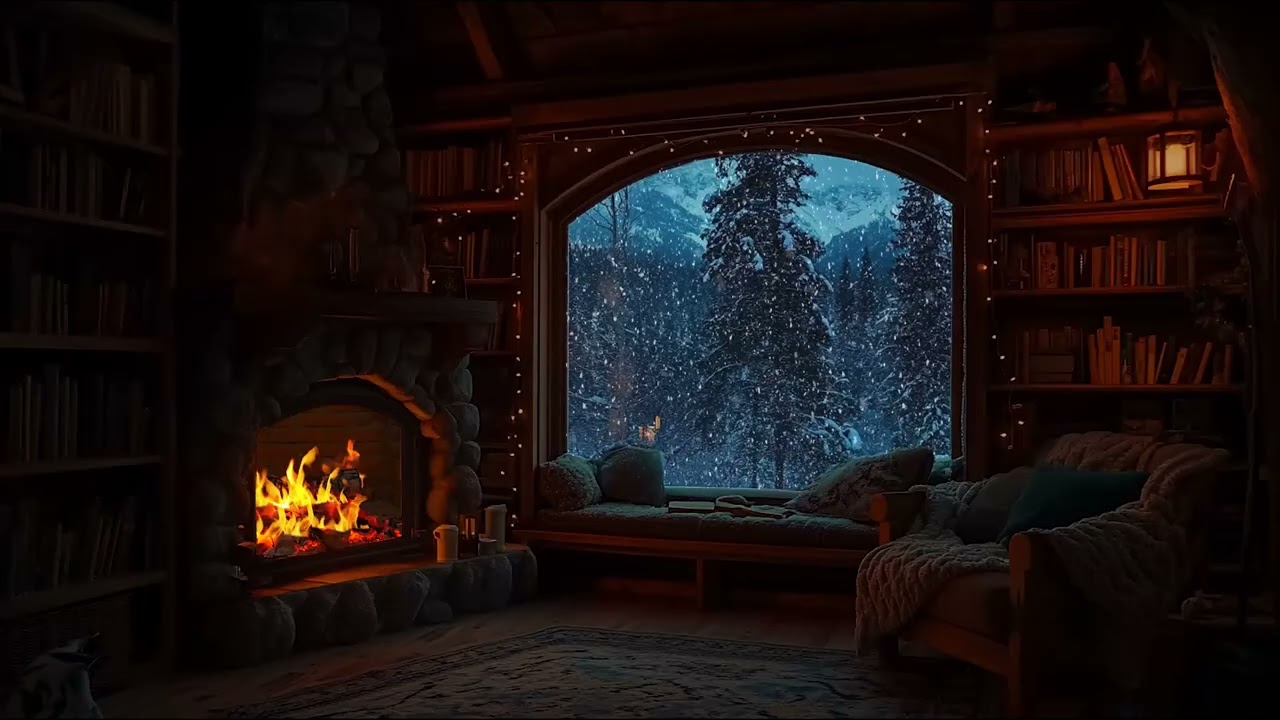 Blizzard Night in Cozy Rustic ❄️ Fireplace Sounds & Howling Wind for Sleeping, Relaxing