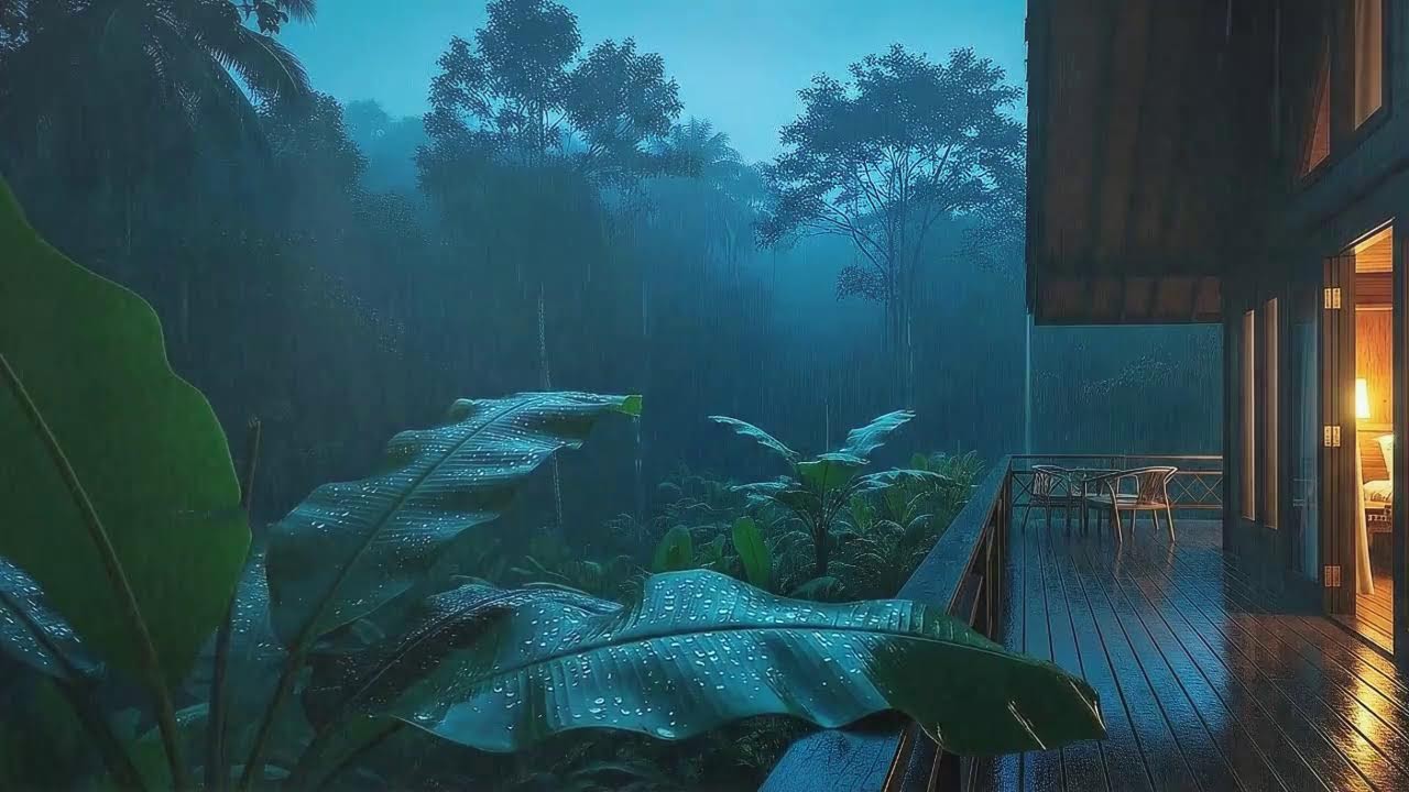 Drift to Sleep with Calm Rain and Soft Thunder Murmur at Wooden Cabin Terrace 🌧️