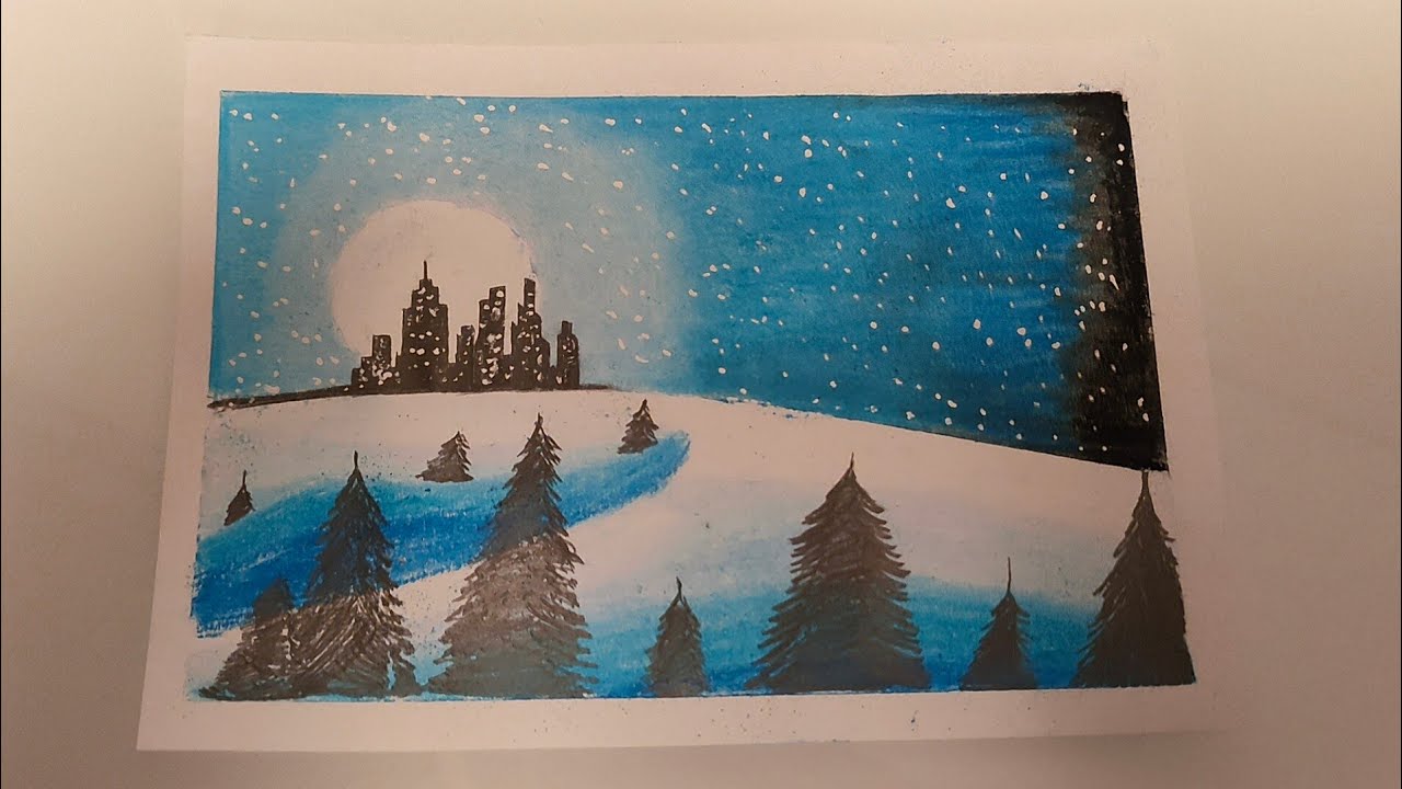 Scenario natalizio realizzato con i colori a cera.Tutorial passo dopo passo.Disegno per principianti