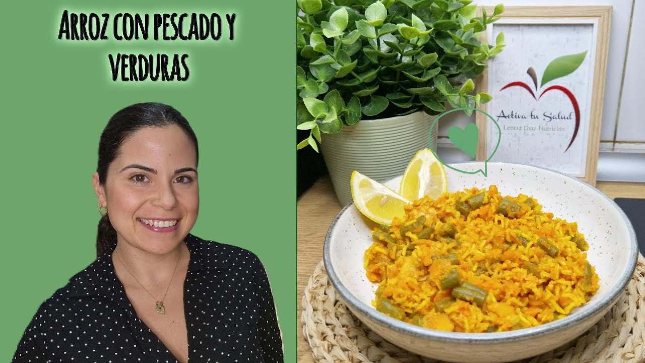 Arroz integral amarillo con pescado y verduras  Receta saludable, saciante y funcional 🍚