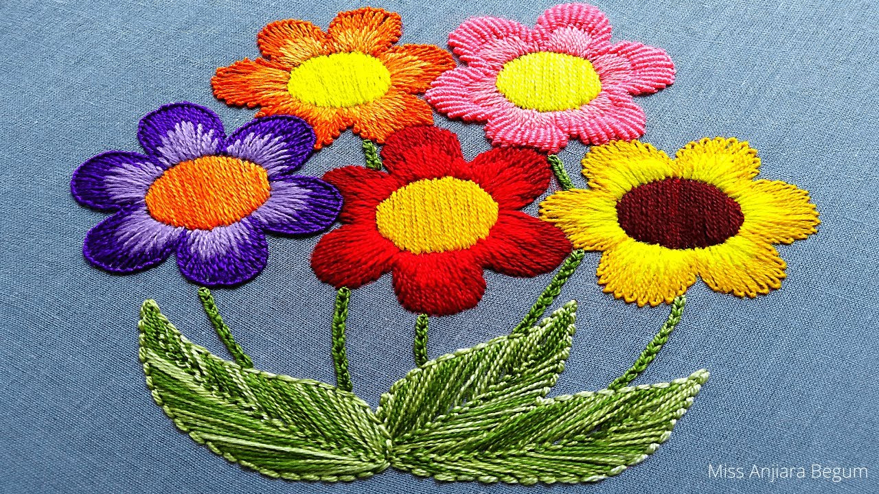 Hand Embroidery Garden Flowers, Embroidery with different colors, Handmade 5 Flowers Embroidery-343
