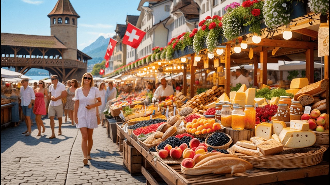 TRADITIONAL SWISS ORGANIC FARMERS MARKET | MORNING WALKING TOUR IN LUCERNE | SWITZERLAND 4K