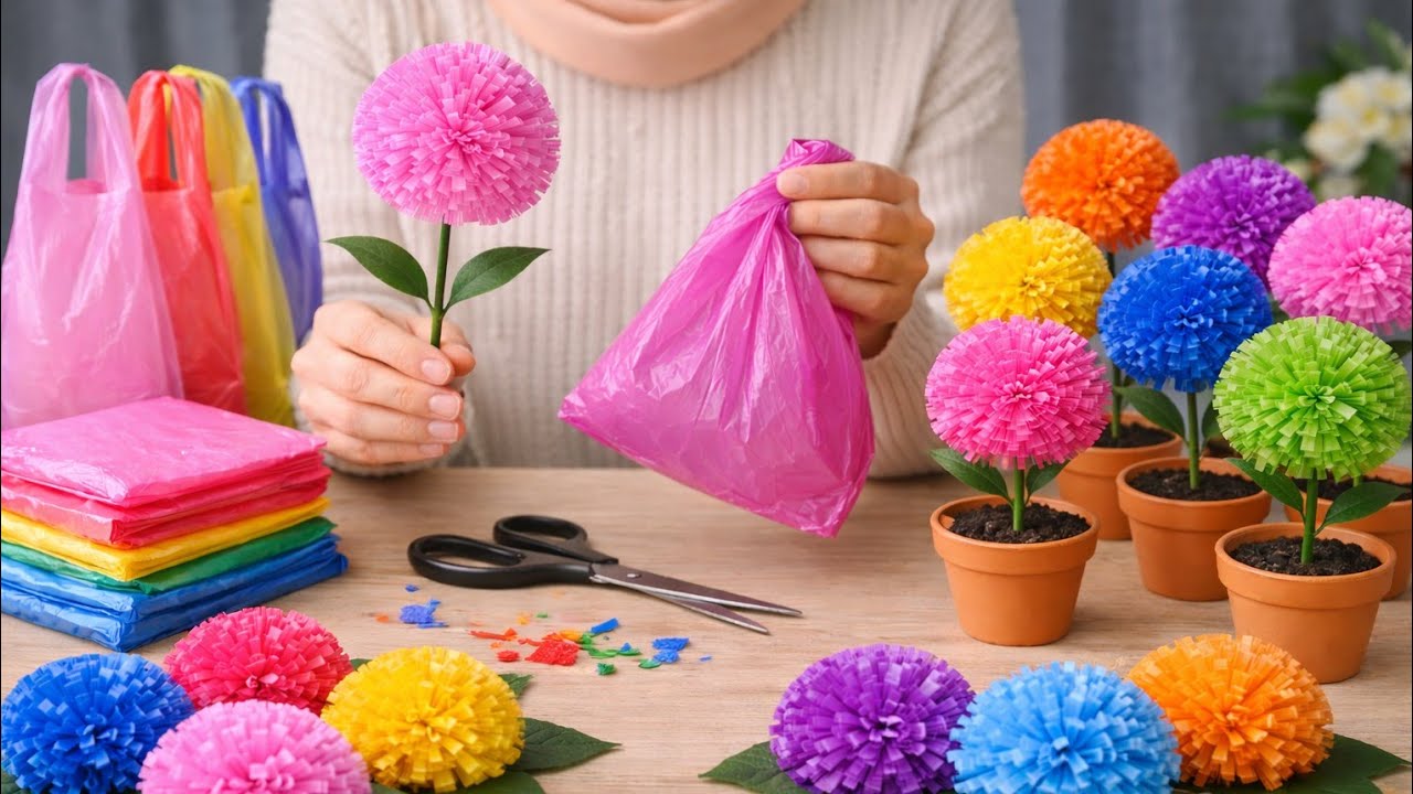 Как сделать букет из полиэтилена и пластиковой бутылки / Простой букет из полиэтиленового пакета ...