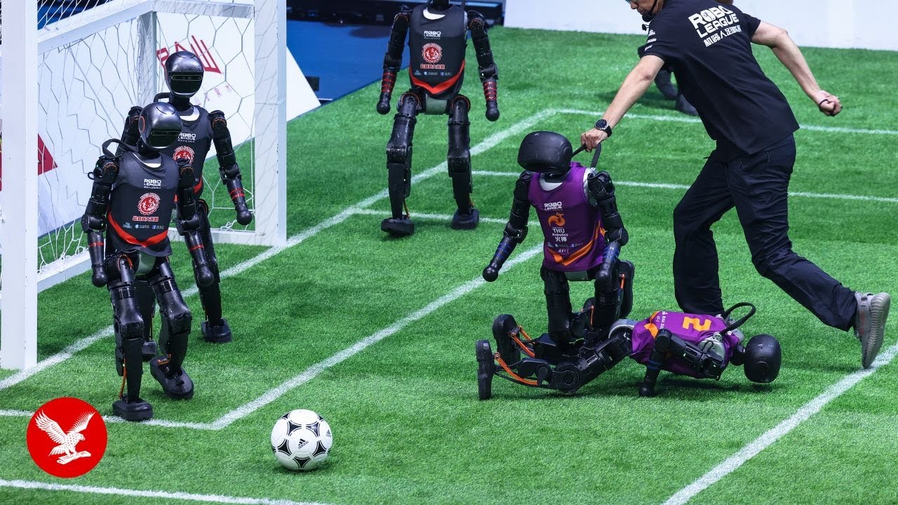 Humanoid AI robots play 3v3 football tournament in China