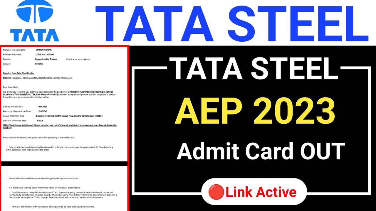 Tata Steel AEP Admit Card Out || Tata Steel Aspiring Engineers Program 2023 Admit Card Out ||