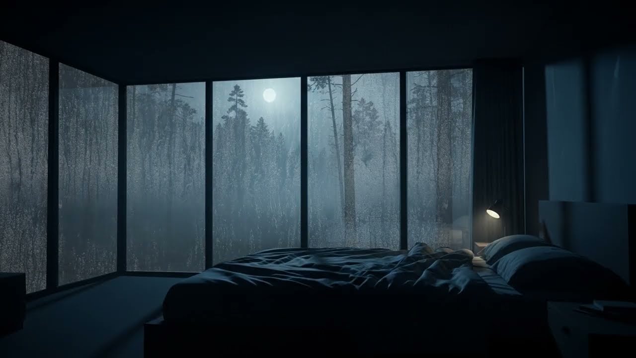 Rain on Window in a Dark Forest Bedroom - Heavy Rainstorm Ambience for Deep Sleep and Peace