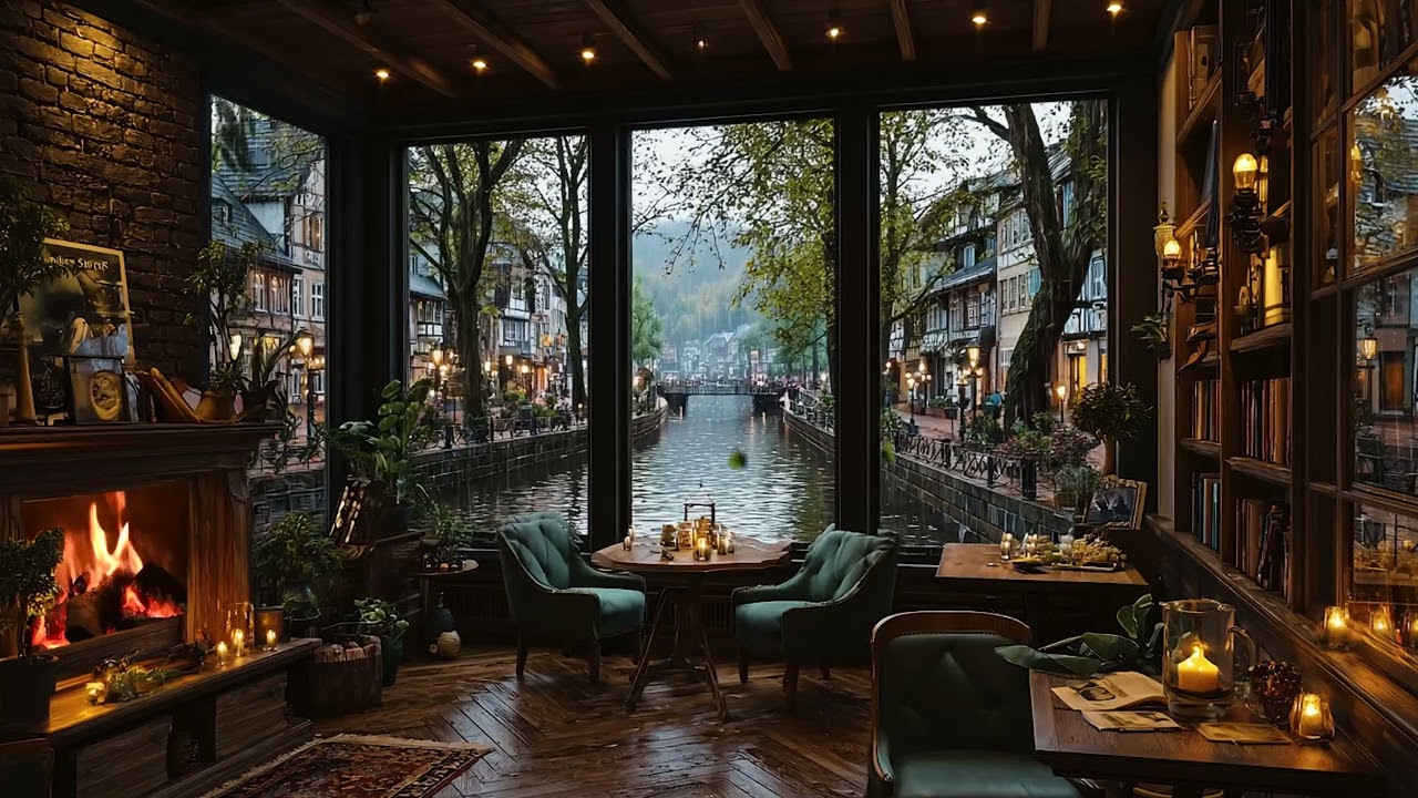 Calm Rain Coffee Shop by the Fireplace ☕ Gentle Piano Music & Crackling Fireplace for Study, Work
