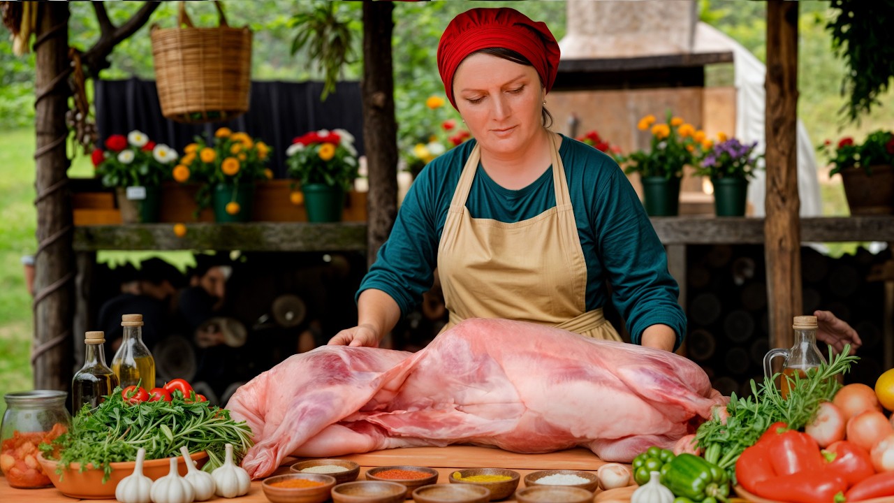 Village Style Spit Roasted Lamb over Open Fire