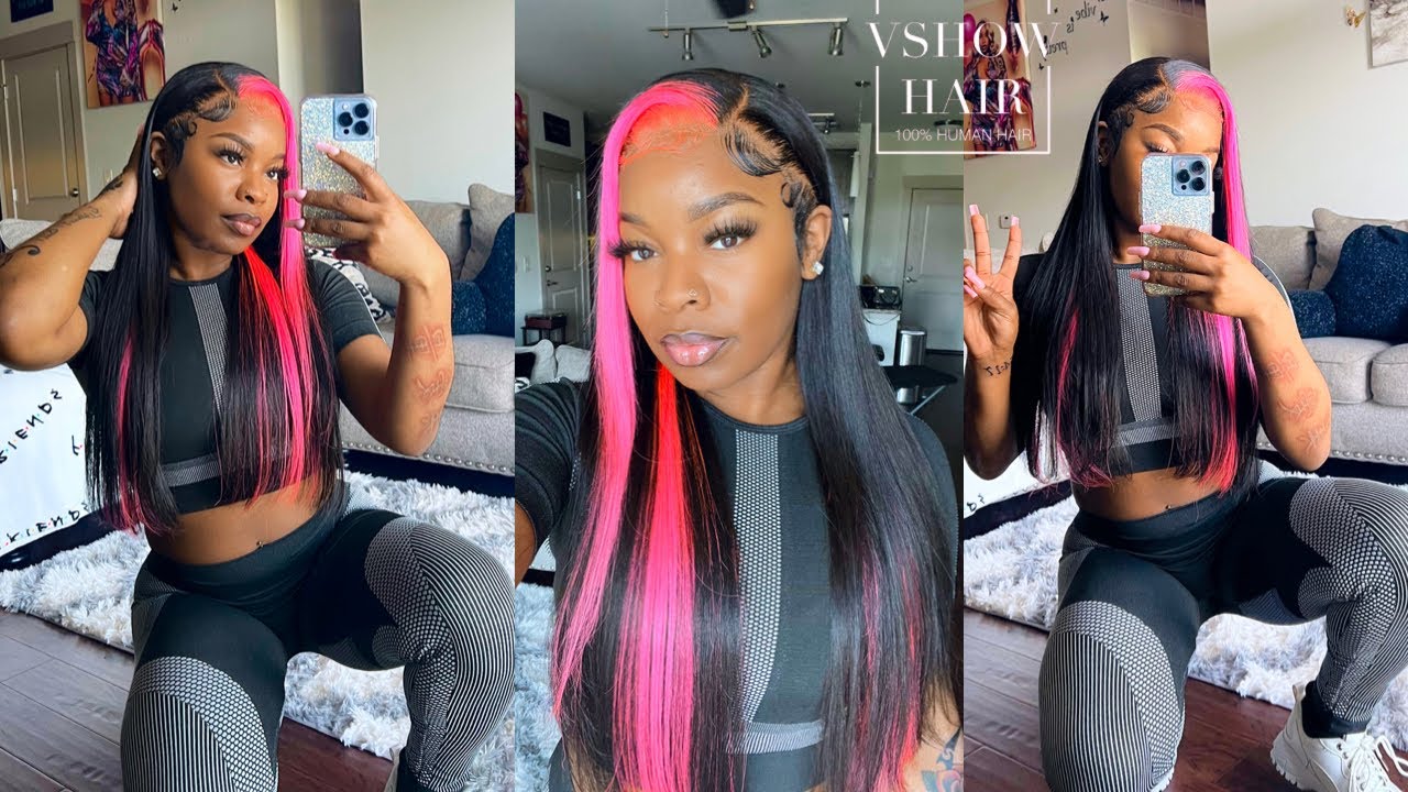 PRE COLORED PINK SKUNK STRIPE BODY WAVE FRONTAL WIG INSTALL FT. VSHOW HAIR 💗