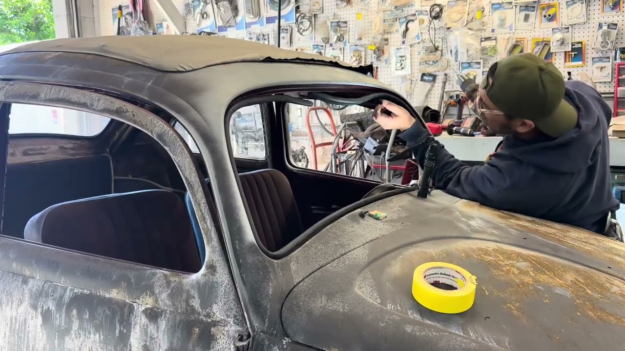 @Buswerx, 1960 VW Beetle front safari window install 